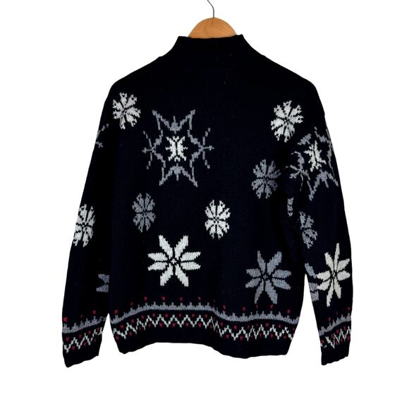 American Collection Black 100% Wool Tight Knit Turtleneck Snowflake Sweater - Picture 2 of 11